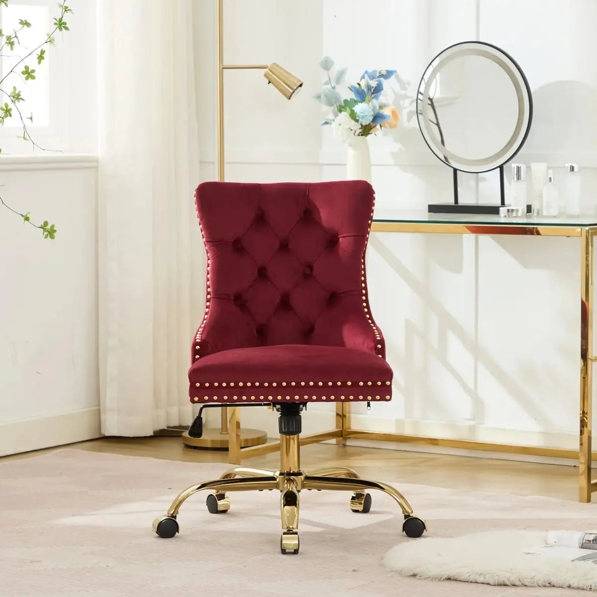 Wine Red Velvet Tufted Office Chair with Gold Swivel Base and American Design Elegance - Platinum-Level Office Chairs