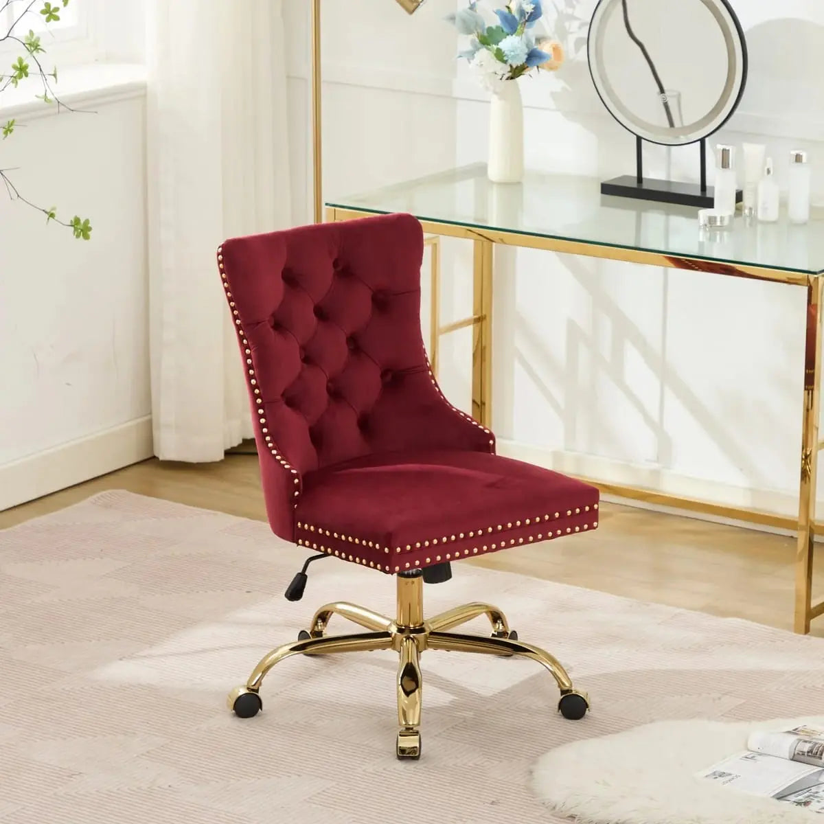 Wine Red Velvet Tufted Office Chair with Gold Swivel Base and American Design Elegance - Platinum-Level Office Chairs