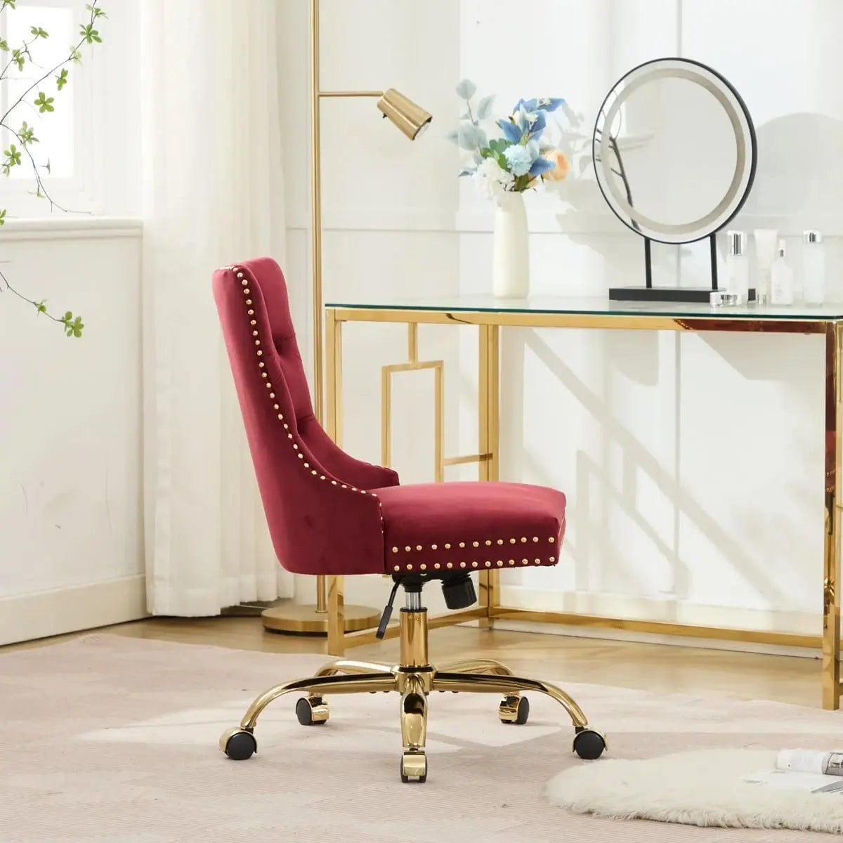 Wine Red Velvet Tufted Office Chair with Gold Swivel Base and American Design Elegance - Platinum-Level Office Chairs