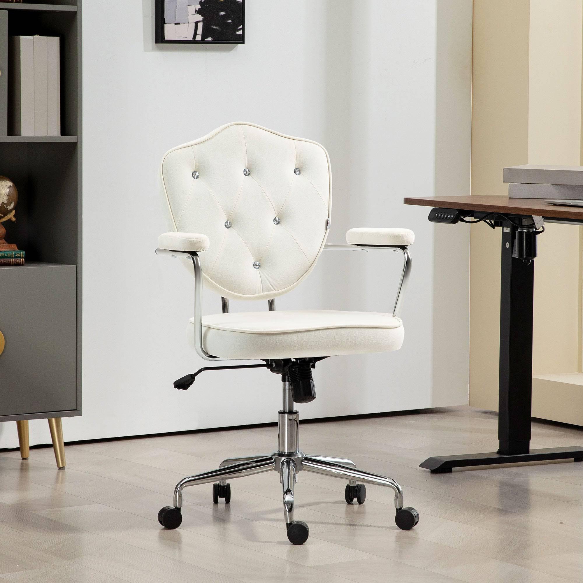 Chic Velvet Swivel Office Chair with Rhinestone Accents, Cream White - Platinum-Level Office Chairs
