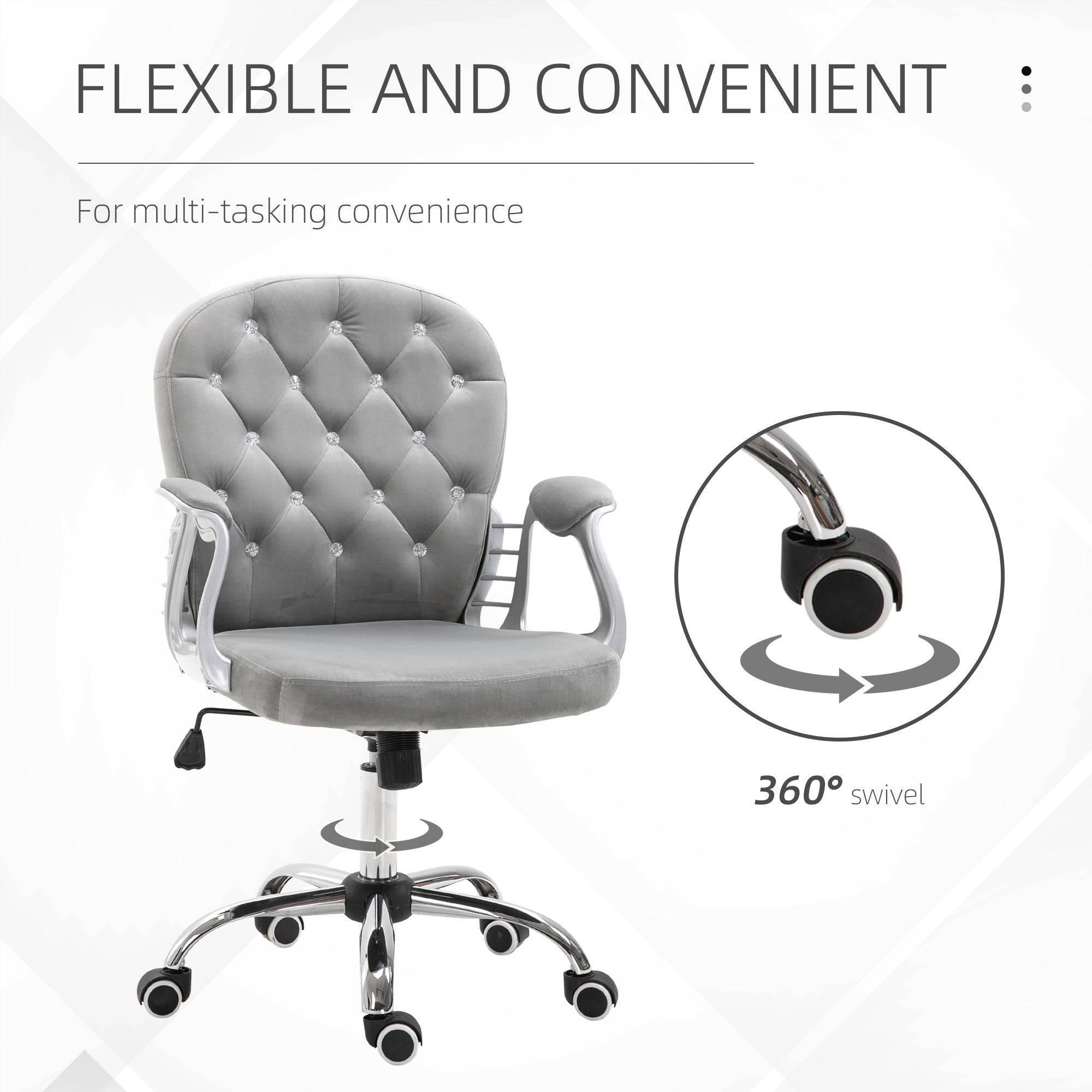 Elegant Gray Velvet Swivel Office Chair with Adjustable Height, Button Tufted Design, and Padded Armrests - Platinum-Level Office Chairs