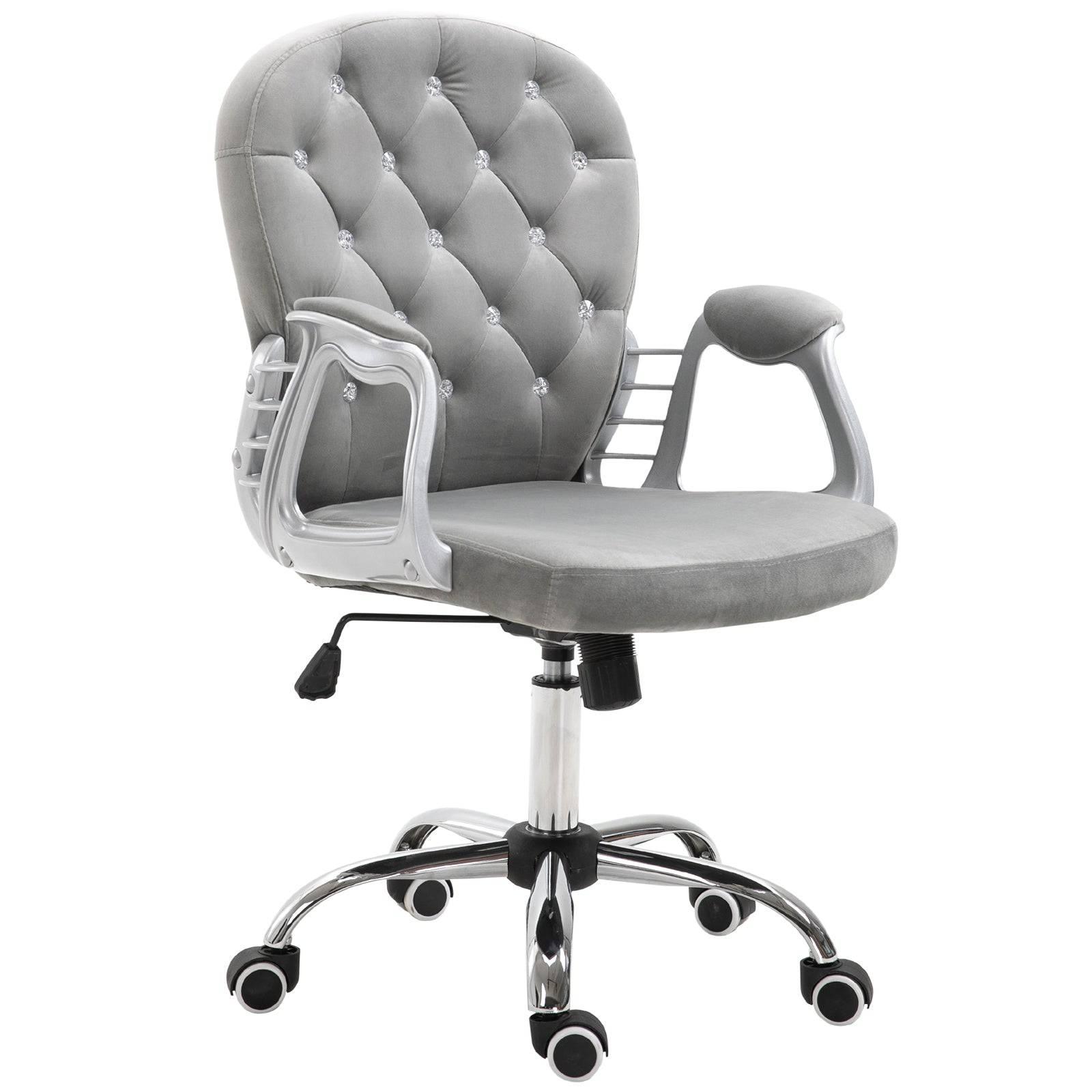Elegant Gray Velvet Swivel Office Chair with Adjustable Height, Button Tufted Design, and Padded Armrests - Platinum-Level Office Chairs