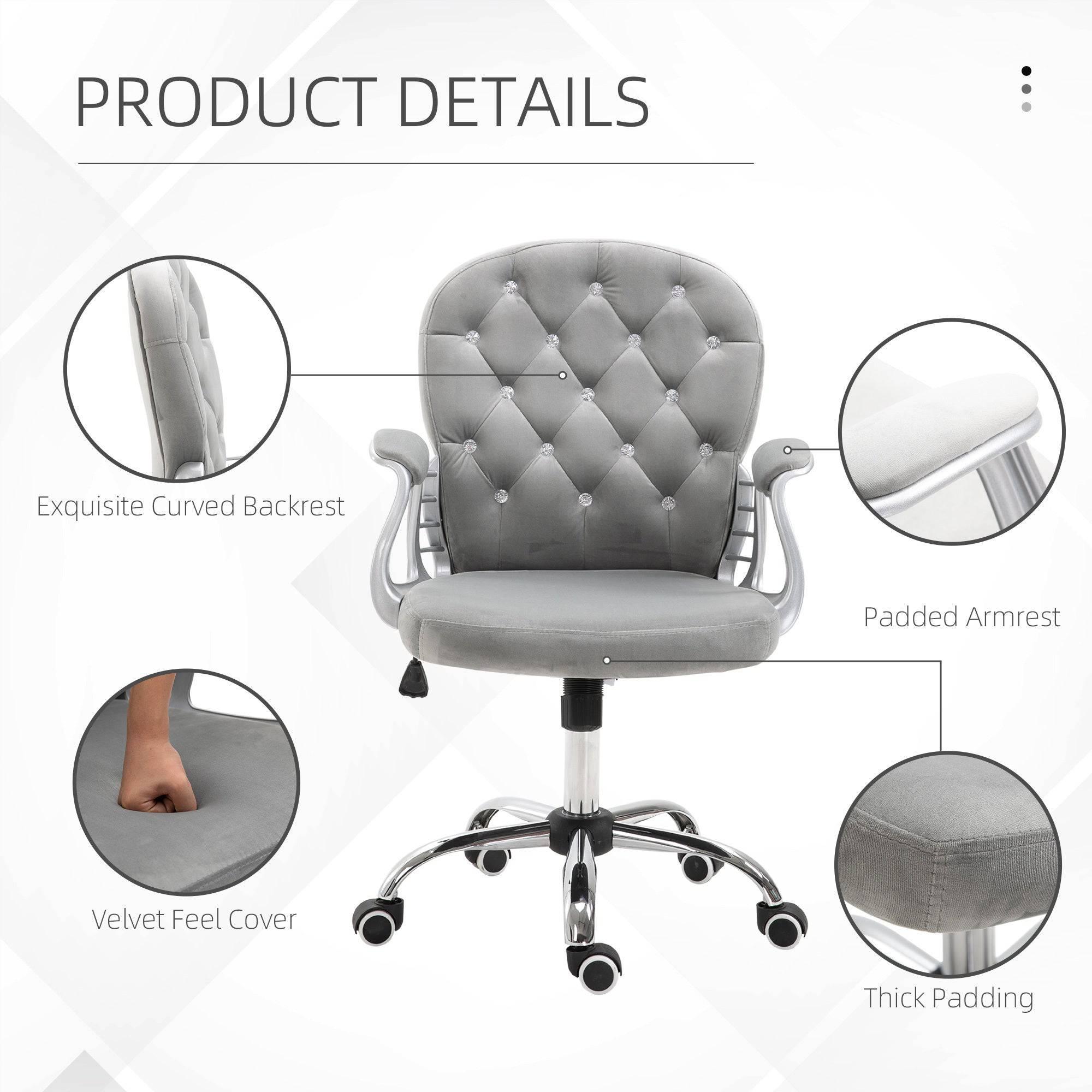 Elegant Gray Velvet Swivel Office Chair with Adjustable Height, Button Tufted Design, and Padded Armrests - Platinum-Level Office Chairs