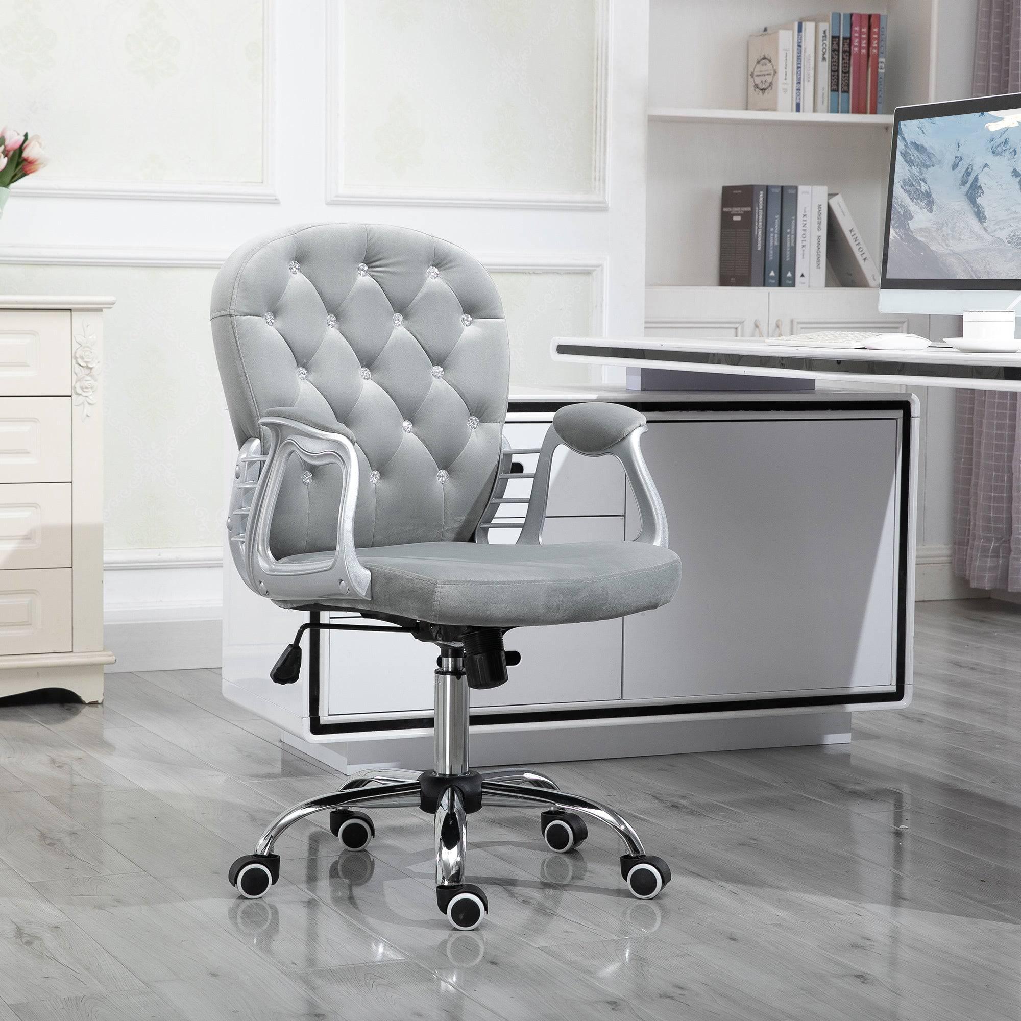Elegant Gray Velvet Swivel Office Chair with Adjustable Height, Button Tufted Design, and Padded Armrests - Platinum-Level Office Chairs