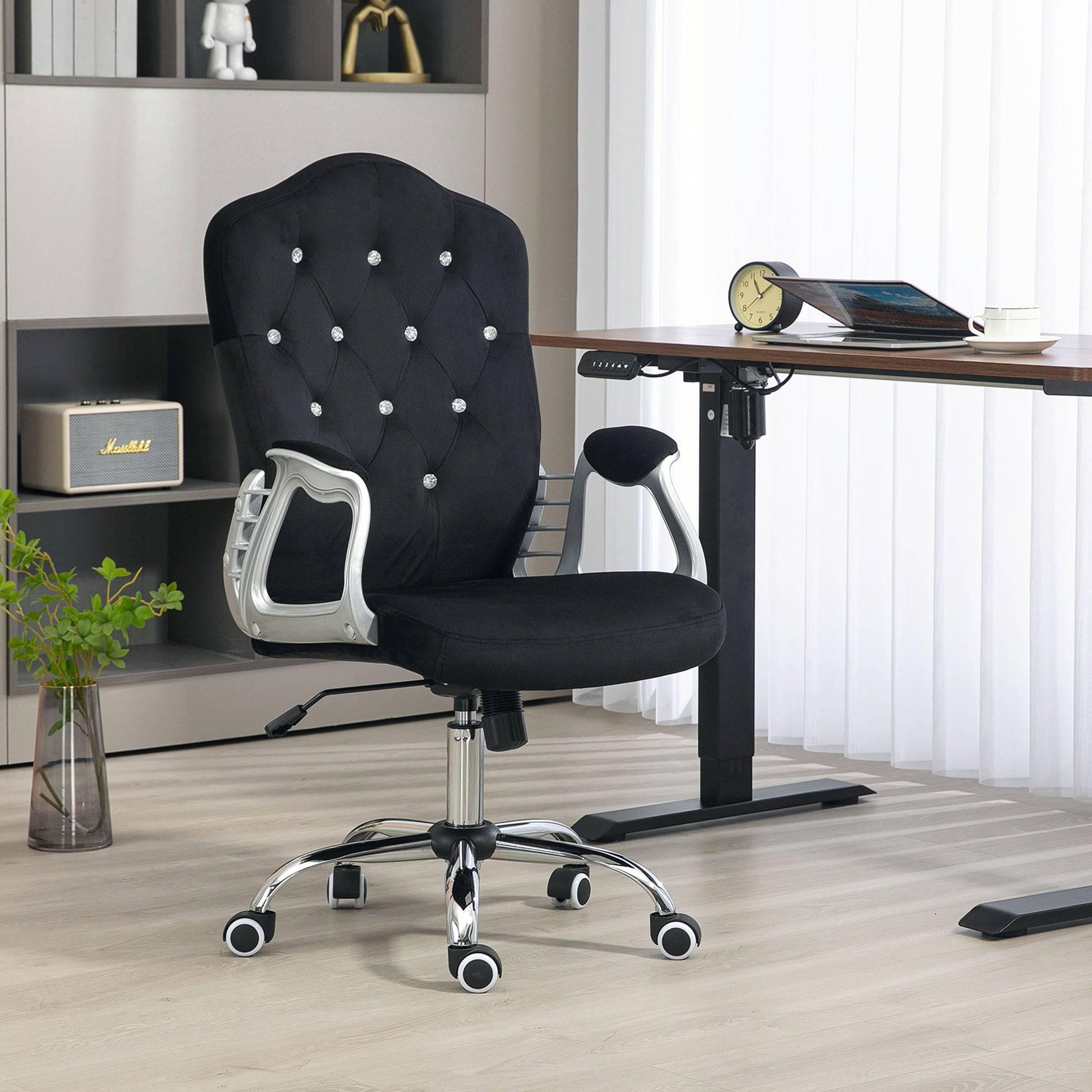 Velvet Swivel Desk Chair with Adjustable Height and Tilt Function, Button-Tufted Design, Black Home Office Chair - Platinum-Level Office Chairs