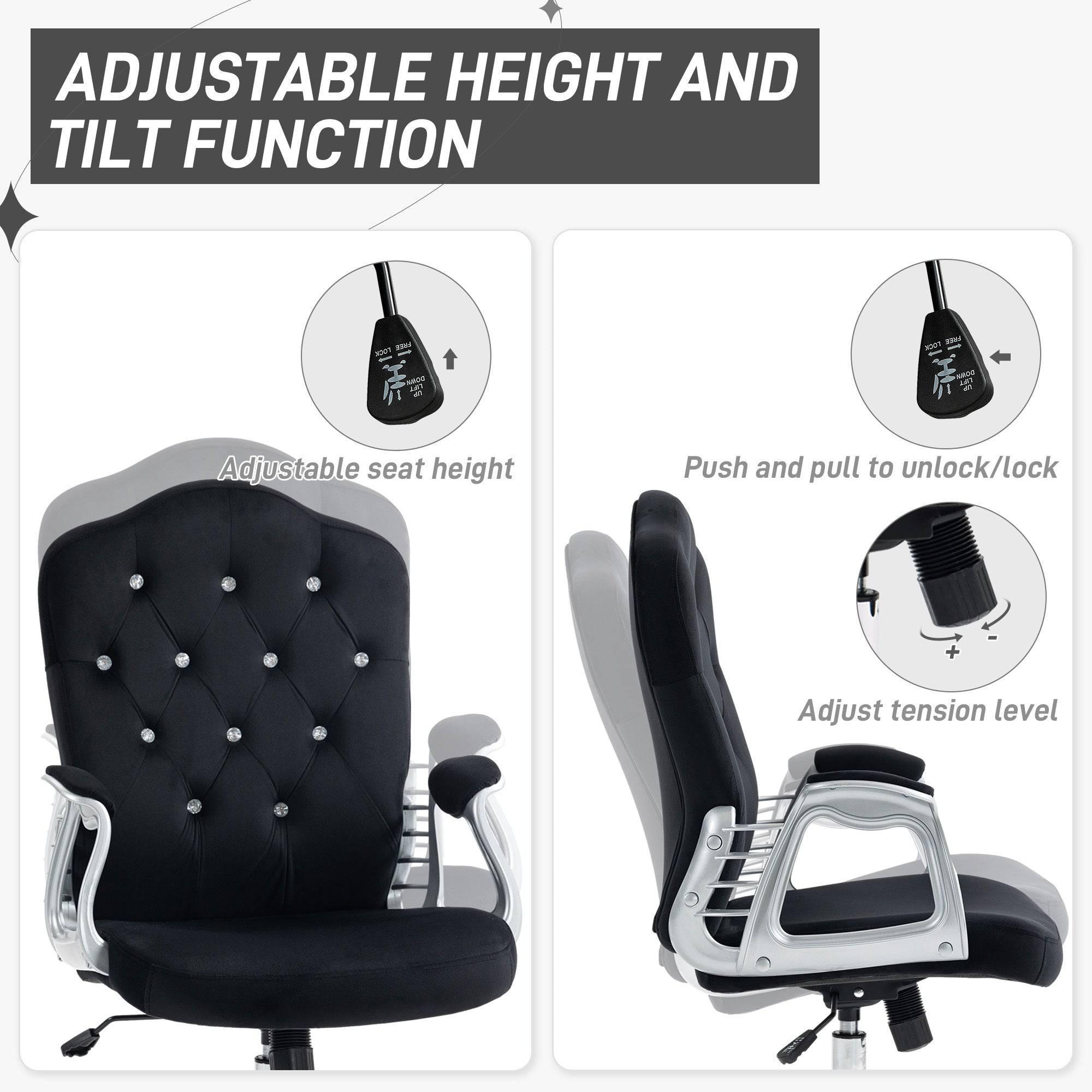 Velvet Swivel Desk Chair with Adjustable Height and Tilt Function, Button-Tufted Design, Black Home Office Chair - Platinum-Level Office Chairs