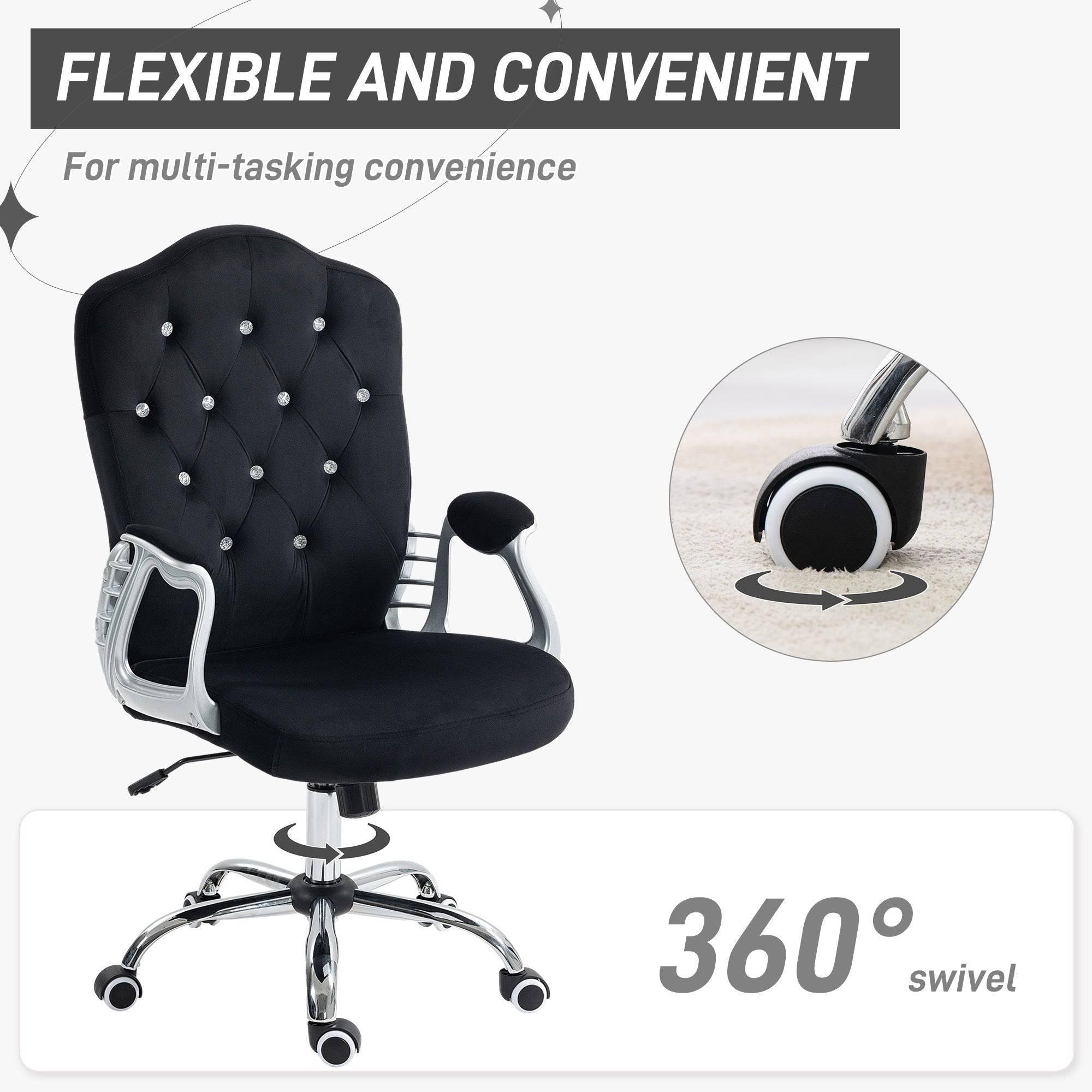 Velvet Swivel Desk Chair with Adjustable Height and Tilt Function, Button-Tufted Design, Black Home Office Chair - Platinum-Level Office Chairs