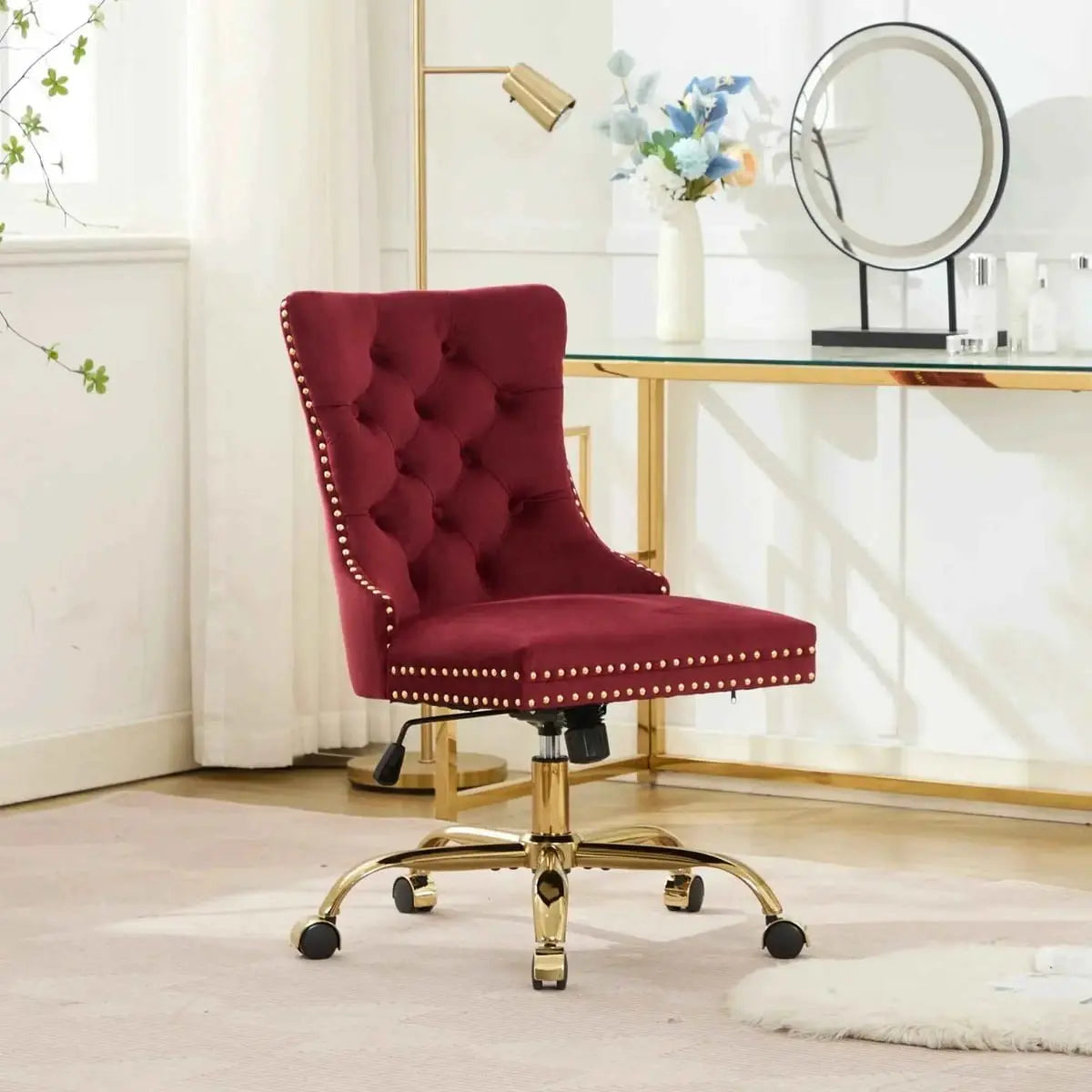 Wine Red Velvet Tufted Office Chair with Gold Swivel Base and American Design Elegance