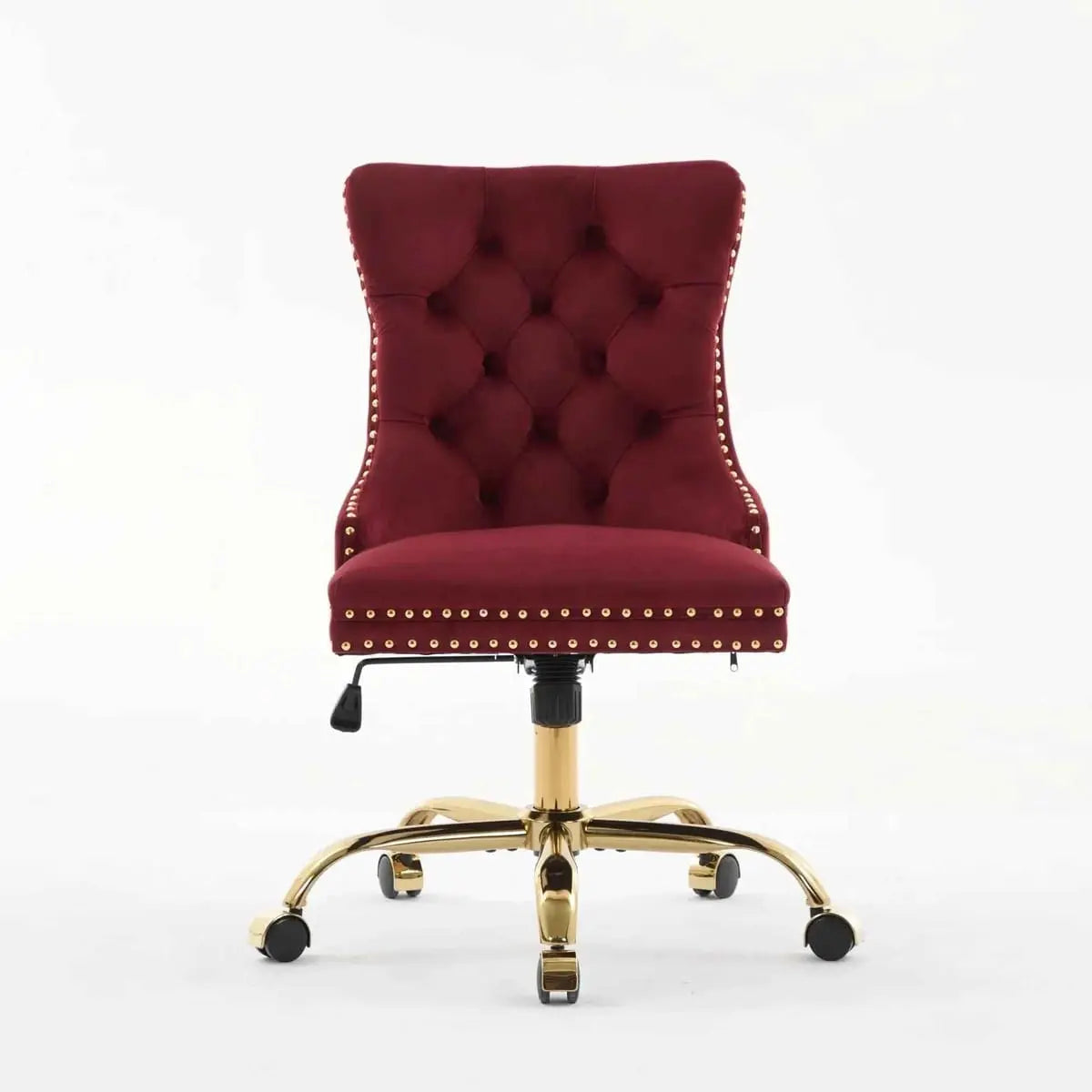 Wine Red Velvet Tufted Office Chair with Gold Swivel Base and American Design Elegance