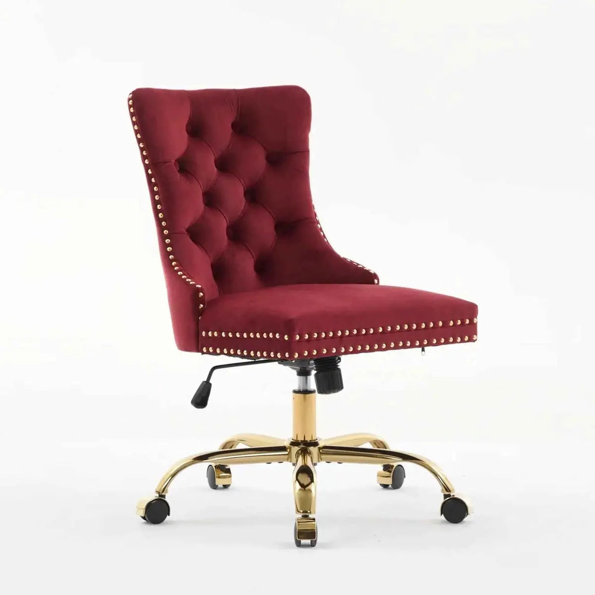 Wine Red Velvet Tufted Office Chair with Gold Swivel Base and American Design Elegance