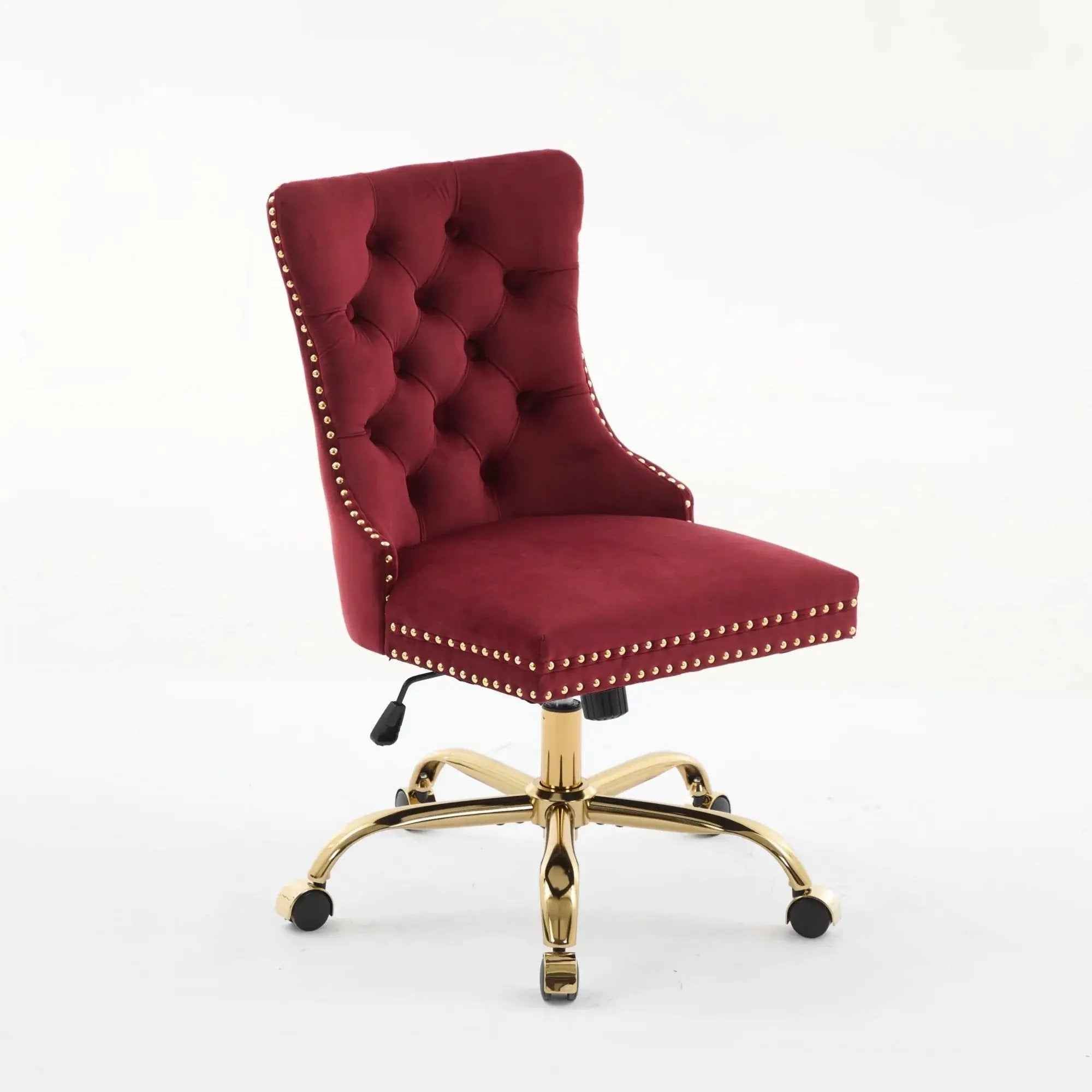 Wine Red Velvet Tufted Office Chair with Gold Swivel Base and American Design Elegance