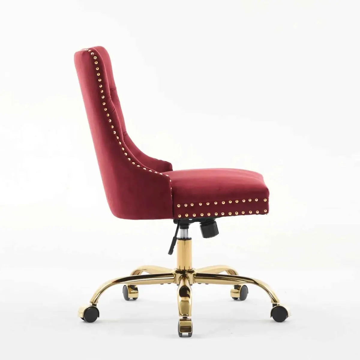 Wine Red Velvet Tufted Office Chair with Gold Swivel Base and American Design Elegance