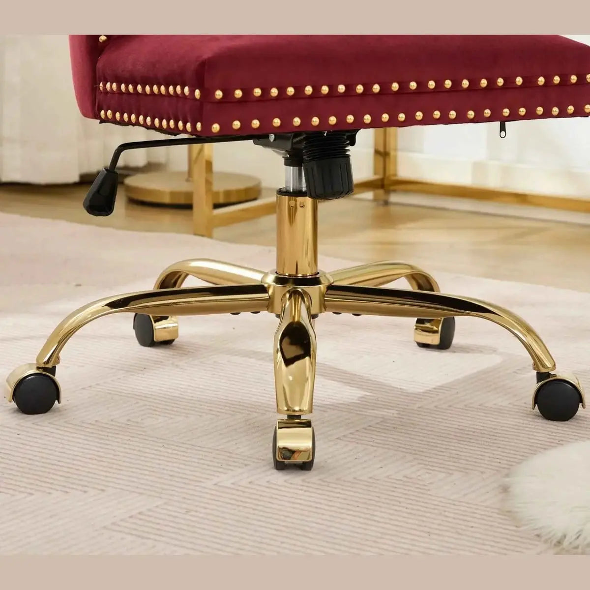 Wine Red Velvet Tufted Office Chair with Gold Swivel Base and American Design Elegance