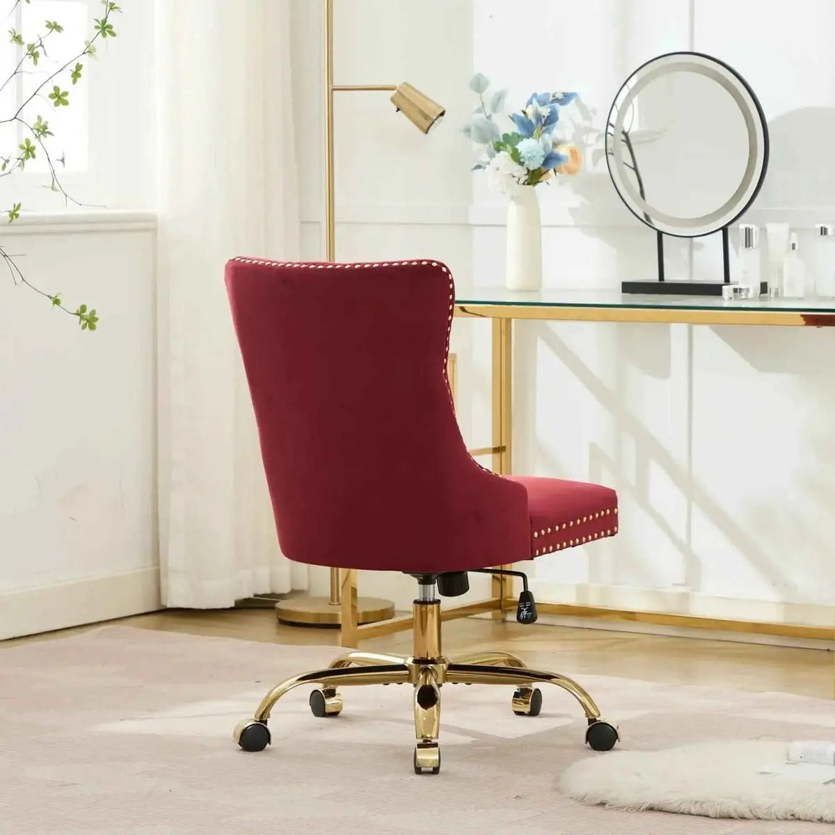 Wine Red Velvet Tufted Office Chair with Gold Swivel Base and American Design Elegance