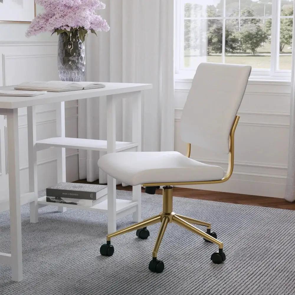 White faux leather armless swivel office chair with polished brass accents, designed for home and desk use by Platinum-Level Office Chairs.
