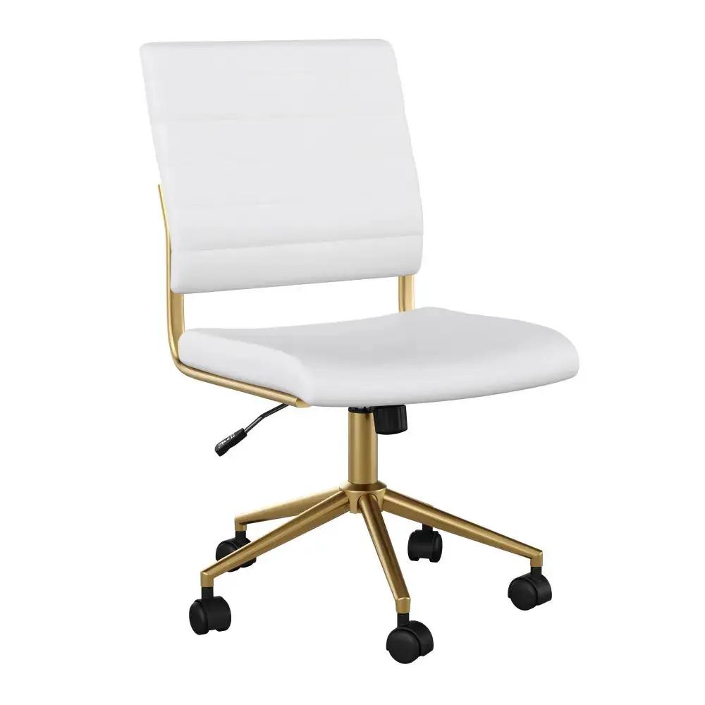 White faux leather armless swivel office chair with polished brass accents for home or desk use by Platinum-Level Office Chairs.