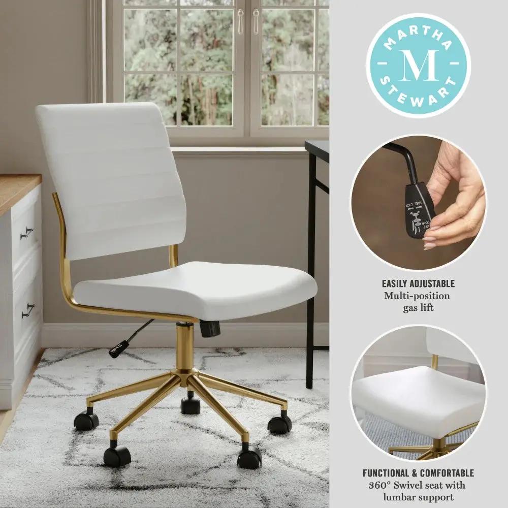 Elegant white faux leather armless swivel office chair with polished brass base, ideal for home and desk use.