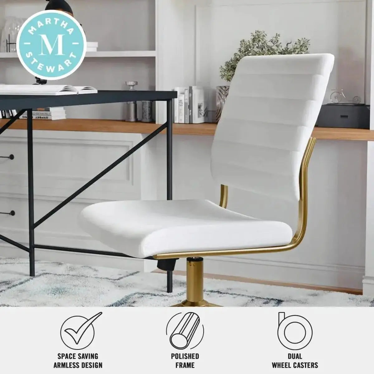 White faux leather elegant armless swivel office chair with polished brass accents for home or desk use by Platinum-Level Office Chairs