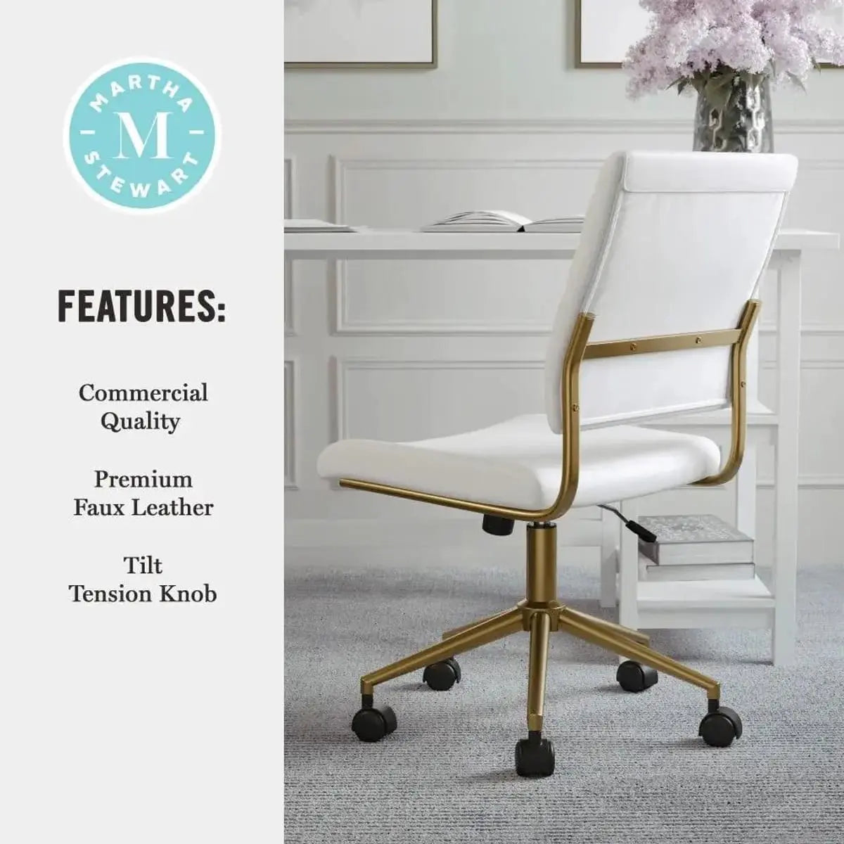 Elegant white faux leather armless swivel office chair by Platinum-Level Office Chairs with polished brass accents for home or desk use.
