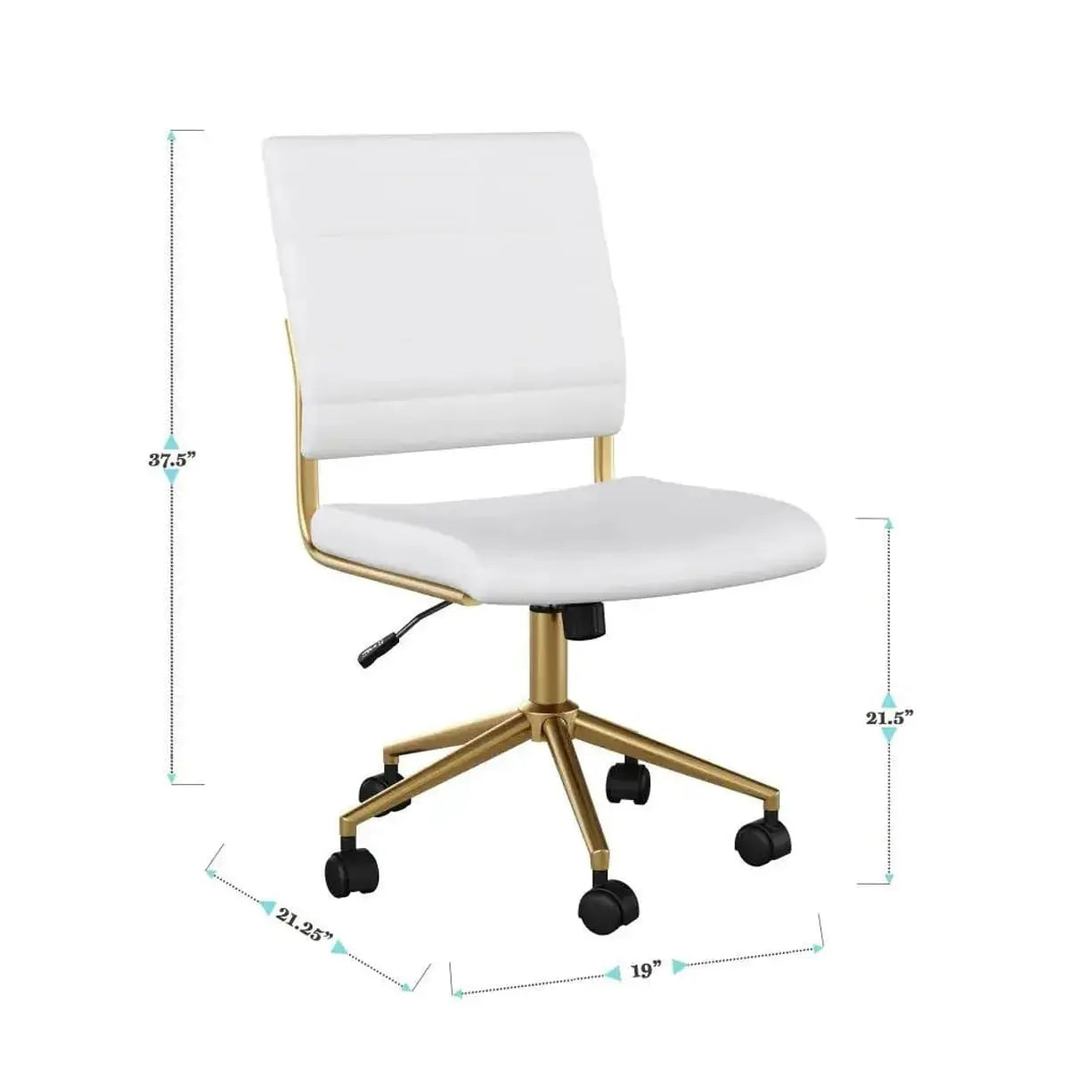 Elegant white faux leather armless swivel office chair with polished brass accents, suitable for home or desk use.