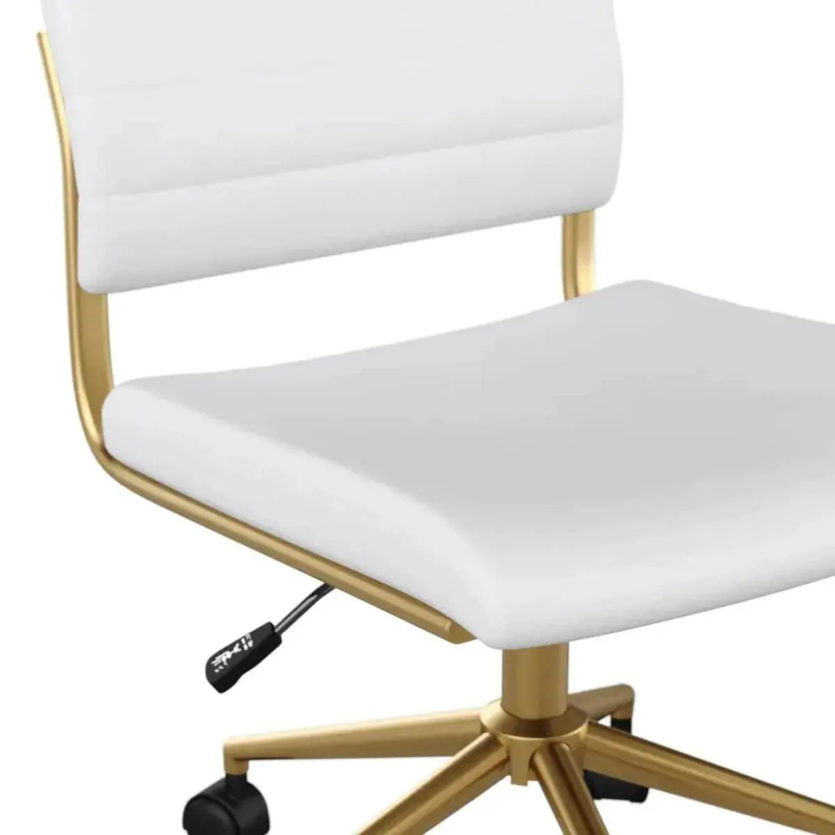 Elegant white faux leather armless swivel office chair with polished brass accents, ideal for home and desk use.