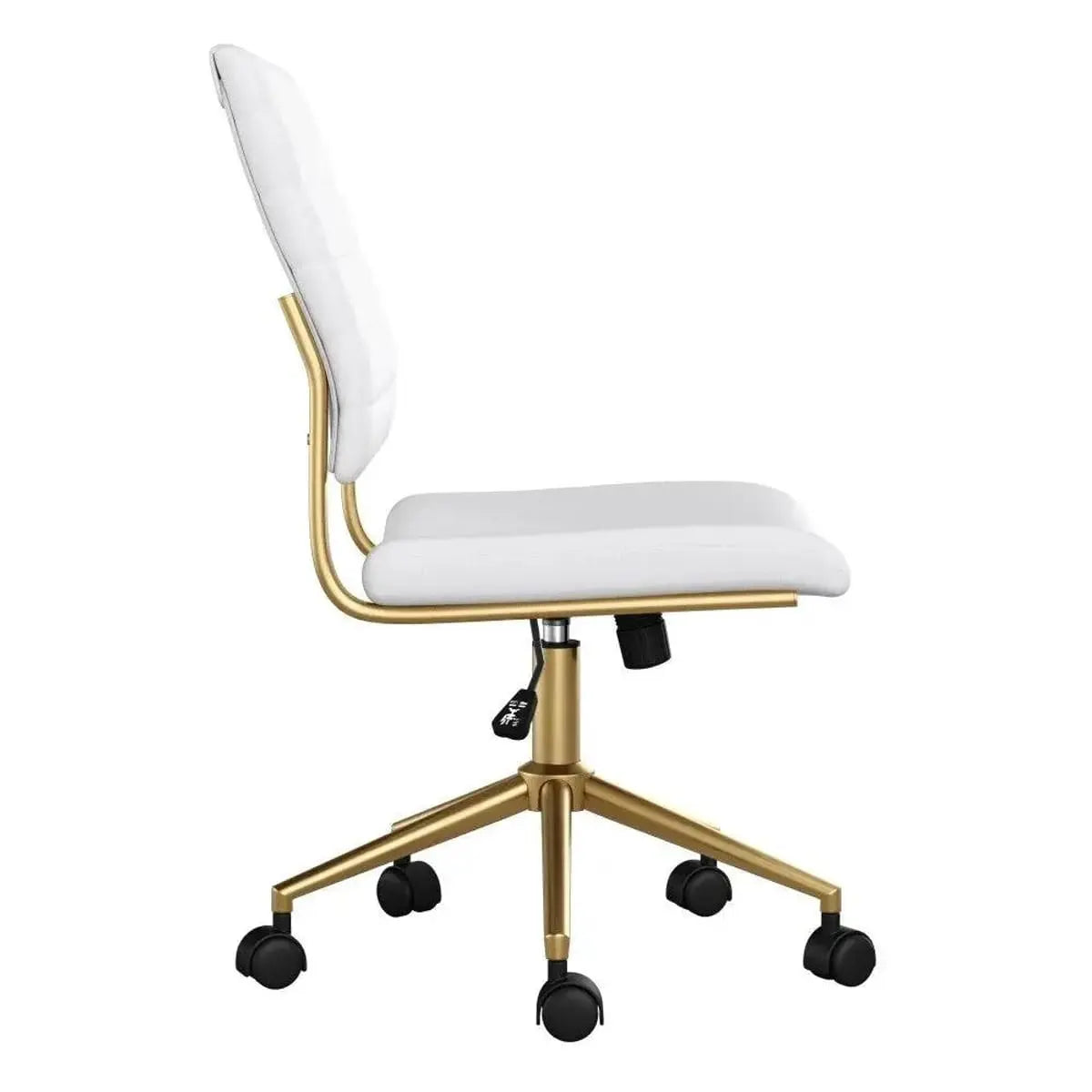 Elegant white faux leather armless swivel office chair with polished brass accents, designed for home and desk use.