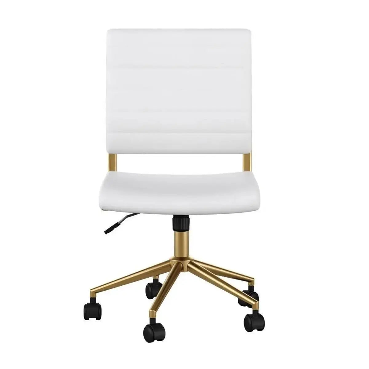 White faux leather armless swivel office chair with polished brass accents, designed for home and desk use by Platinum-Level Office Chairs.
