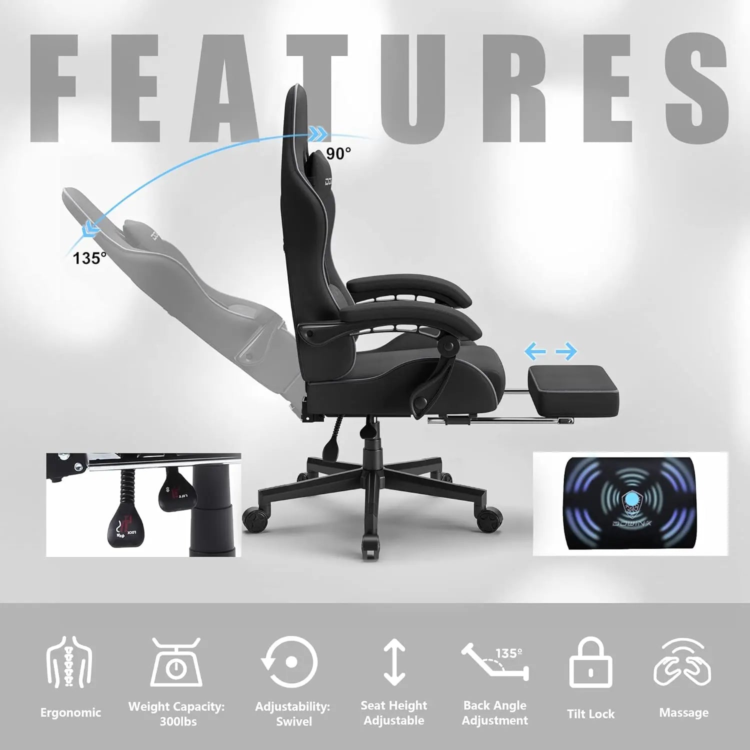 Dowinx Gaming Chair Fabric with Pocket Spring Cushion and Footrest - Platinum-Level Office Chairs
