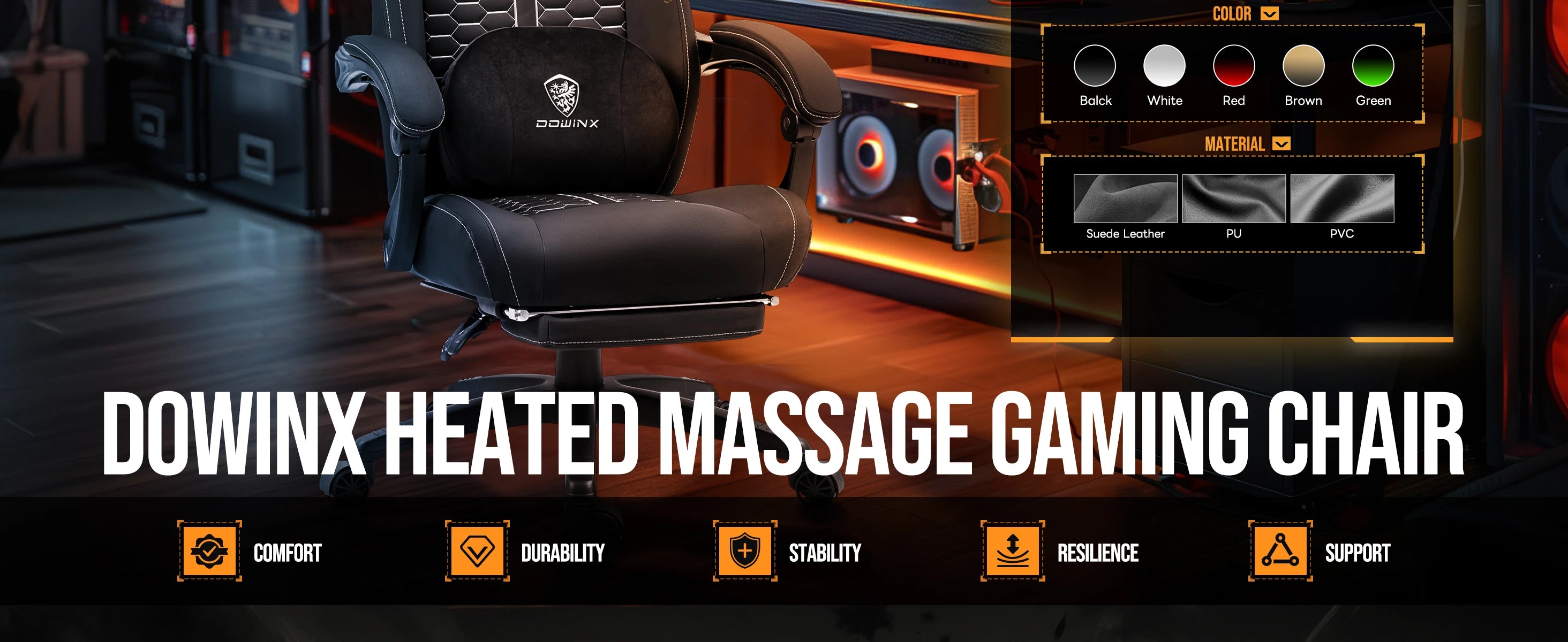 Dowinx Gaming Chair with Heated Massage Lumbar Support and Footrest - Platinum-Level Office Chairs