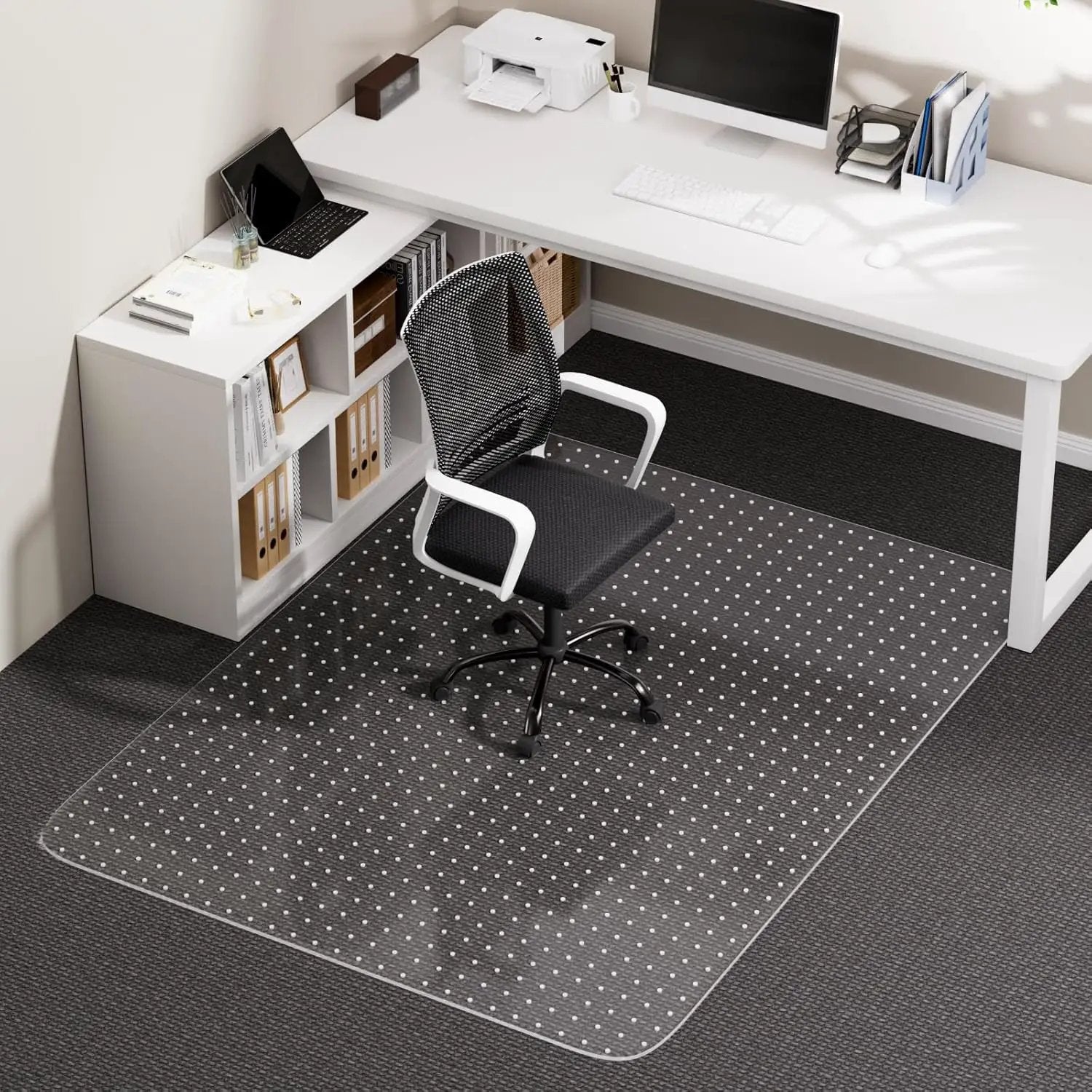 Clear heavy-duty office chair mat for carpet, 36x48 inches with lip, by QUSSIN, protecting floors and providing smooth rolling.