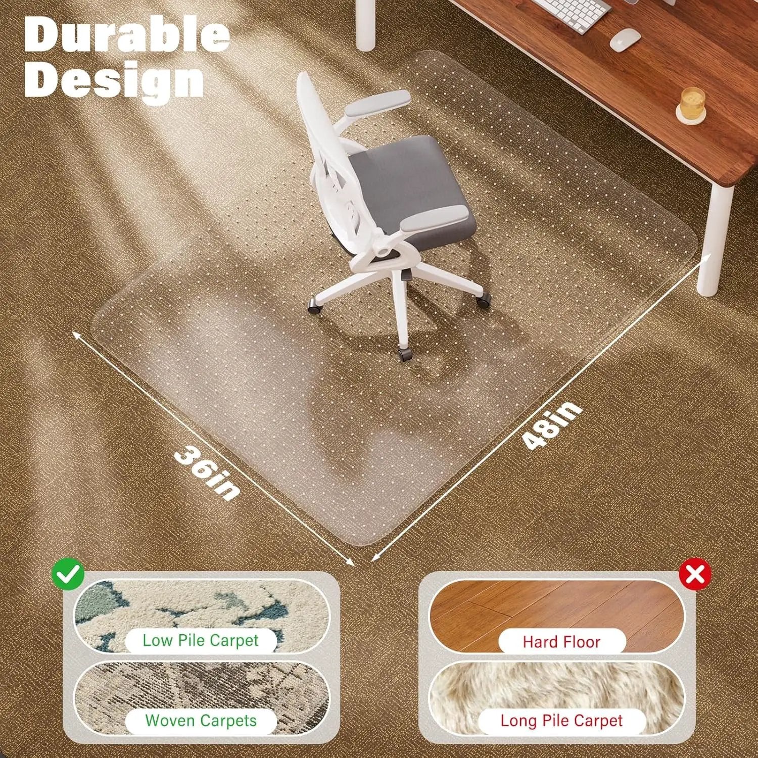QUSSIN 36x48 heavy-duty clear office chair mat with lip, designed for carpeted floors and providing smooth rolling and floor protection.