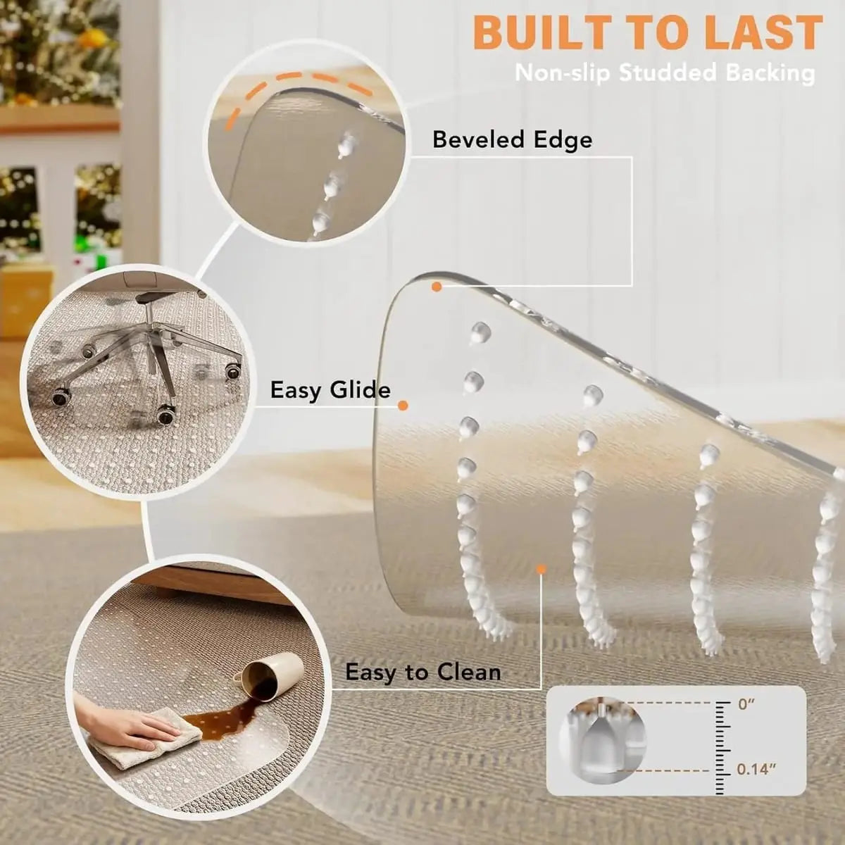 Clear heavy-duty office chair mat for carpet, 36x48 inches with lip, by QUSSIN, designed for smooth rolling and floor protection.
