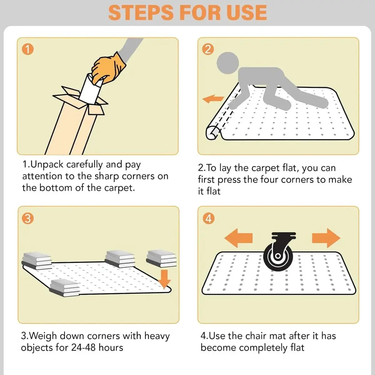 Clear heavy-duty office chair mat for carpet, 36x48 inches with lip, by QUSSIN, designed to protect floors and allow easy chair movement.