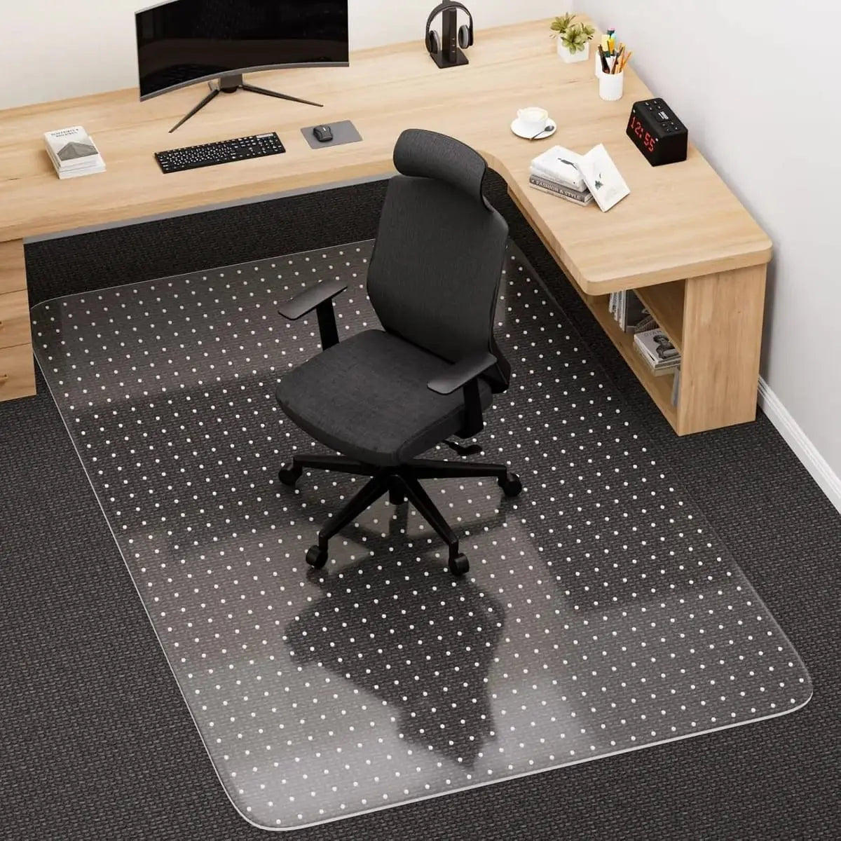 Clear heavy-duty office chair mat for carpet, 36x48 inches with lip, by QUSSIN, protects floors and allows easy movement.