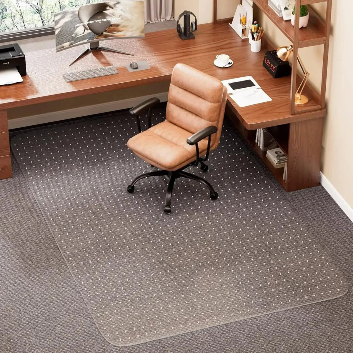 Clear heavy-duty office chair mat for carpet, 36x48 inches with lip, designed by QUSSIN for smooth rolling and floor protection.