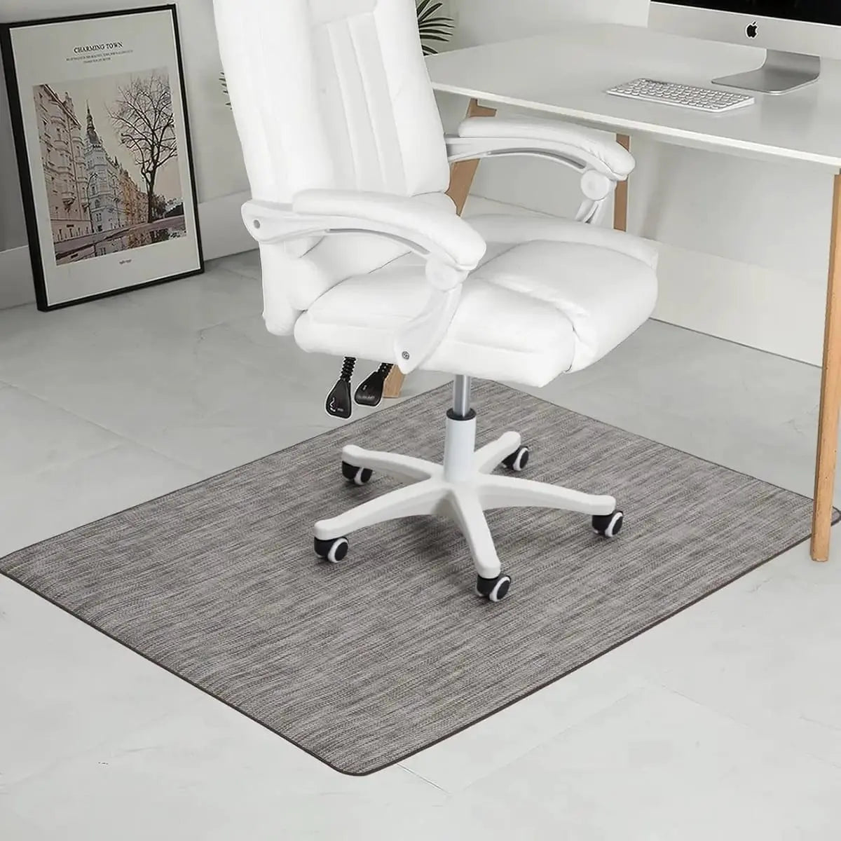 Graphite-textured 36x48 inch RccugmatS chair mat for hardwood floors, heavy-duty and non-slip for office or home use.