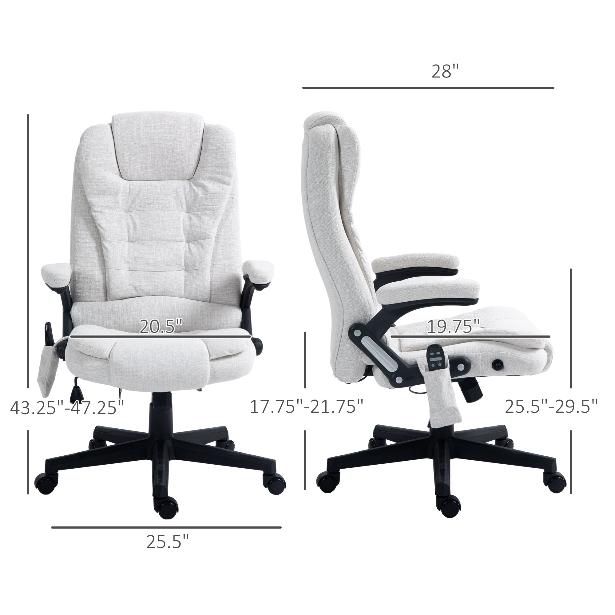 Cream white linen massage office chair dimensions: 28 in wide, 25.5 in deep, 43.25-47.25 in tall, seat height 17.75-21.75 in