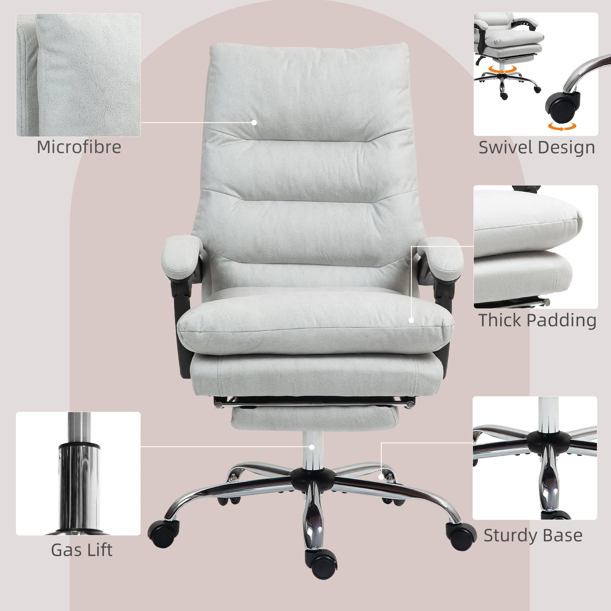 Microfibre upholstery, swivel design, thick padding and sturdy base details