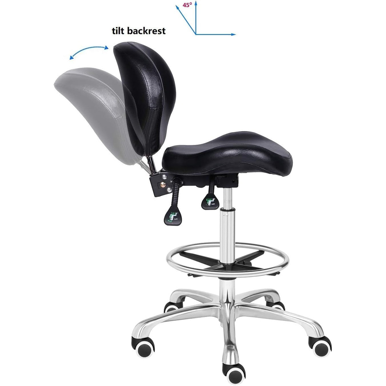 Black ergonomic adjustable drafting chair with backrest, footrest, and high-density foam seat for all-day comfort.