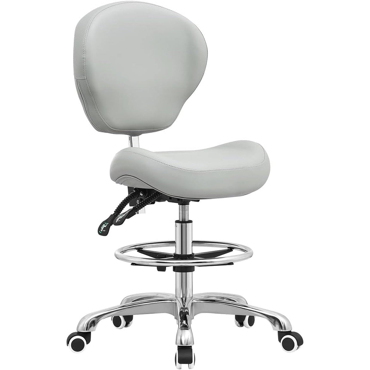 Black ergonomic drafting chair with adjustable height, backrest, footrest, and high-density foam for all-day comfort.