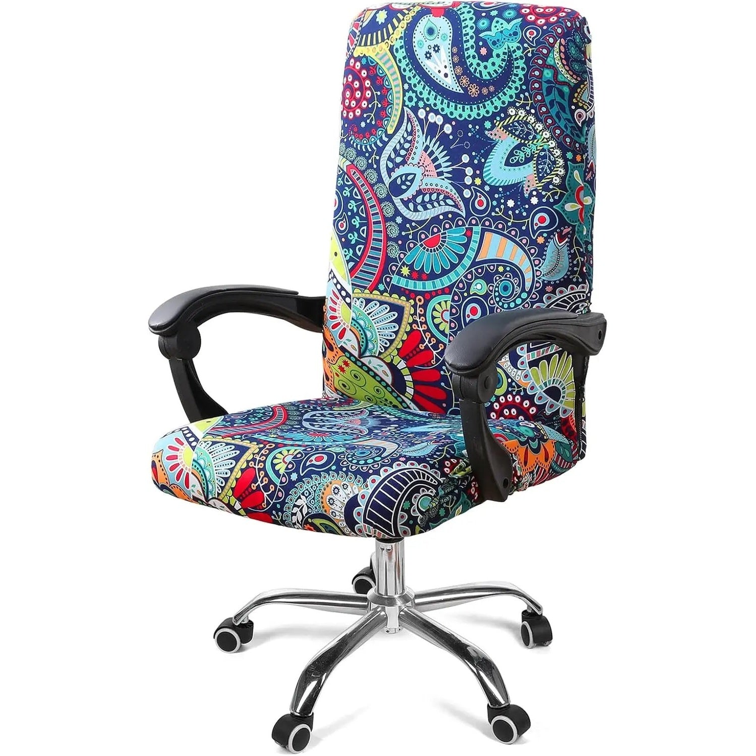 Blue and green Smiry stretch office chair cover, removable and washable, fits most home office chairs.