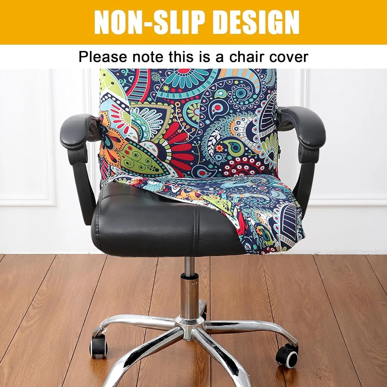 Blue and green Smiry stretch office chair cover, removable and washable, fits most standard home office chairs.
