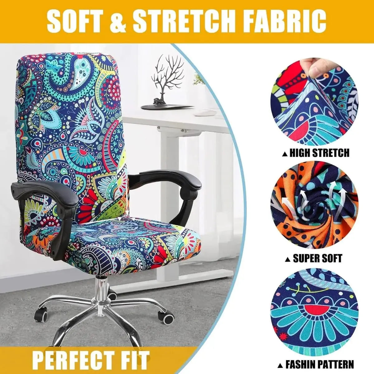 Blue and green stretch office chair cover by Smiry, removable and washable, fits most home office chairs.