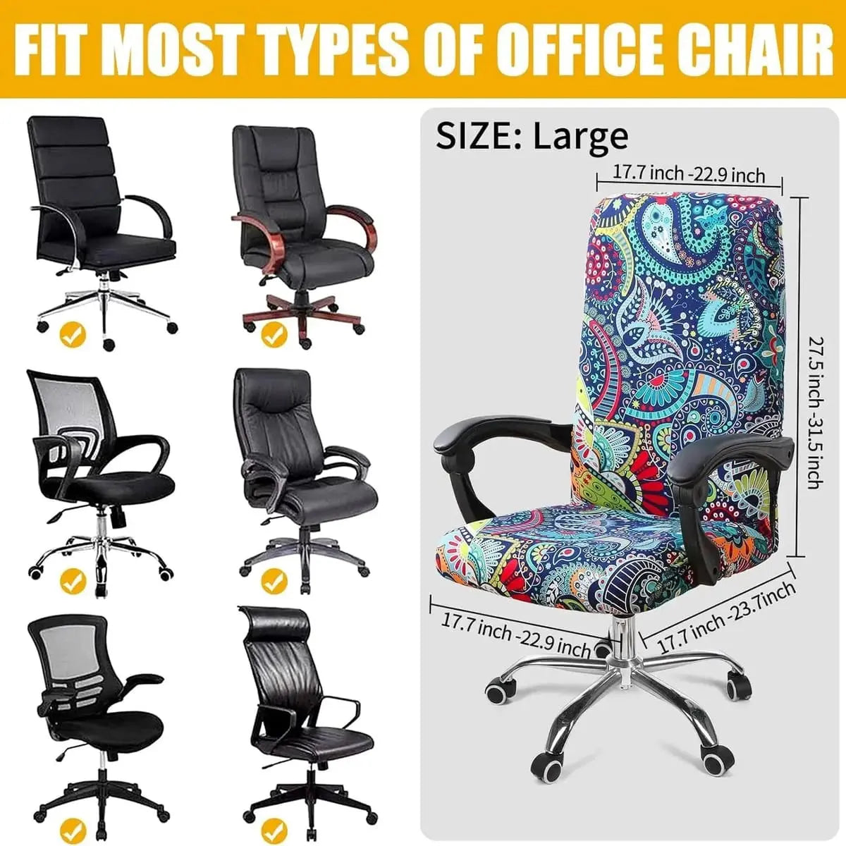 Blue and green Smiry stretch office chair cover, removable and washable, fits various office chairs for a clean, fresh look.