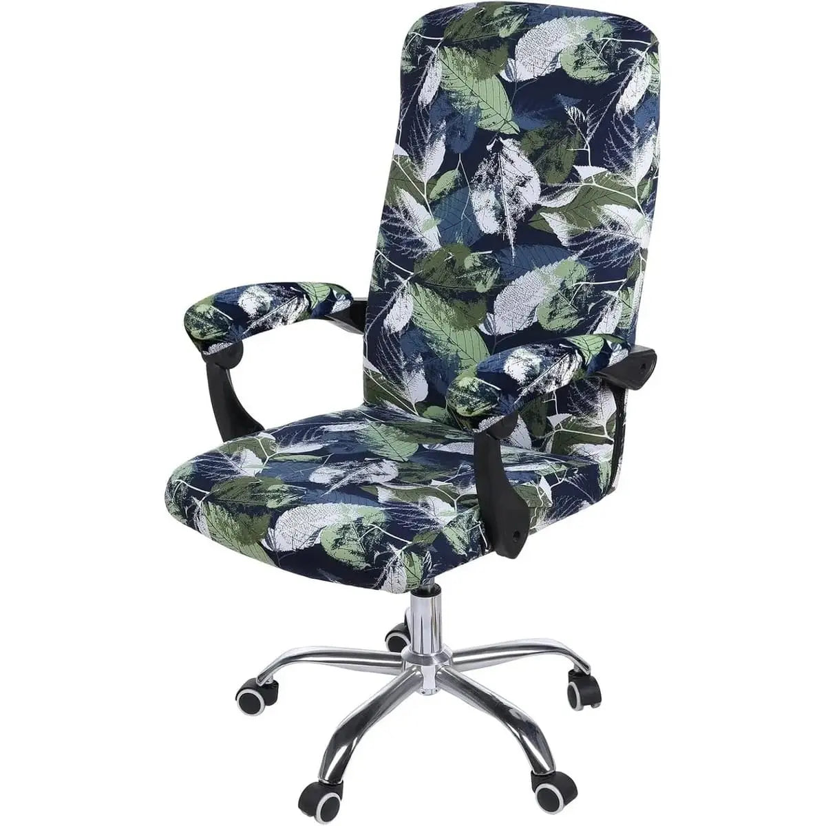 Blue and green Smiry stretch office chair cover, removable and washable, universal fit for home office chairs.