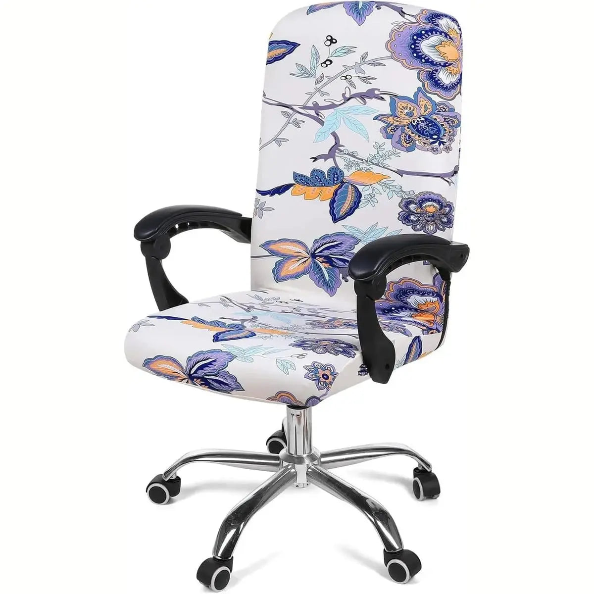 Blue and green Smiry stretch office chair cover, removable and washable, fits most home office chairs comfortably.