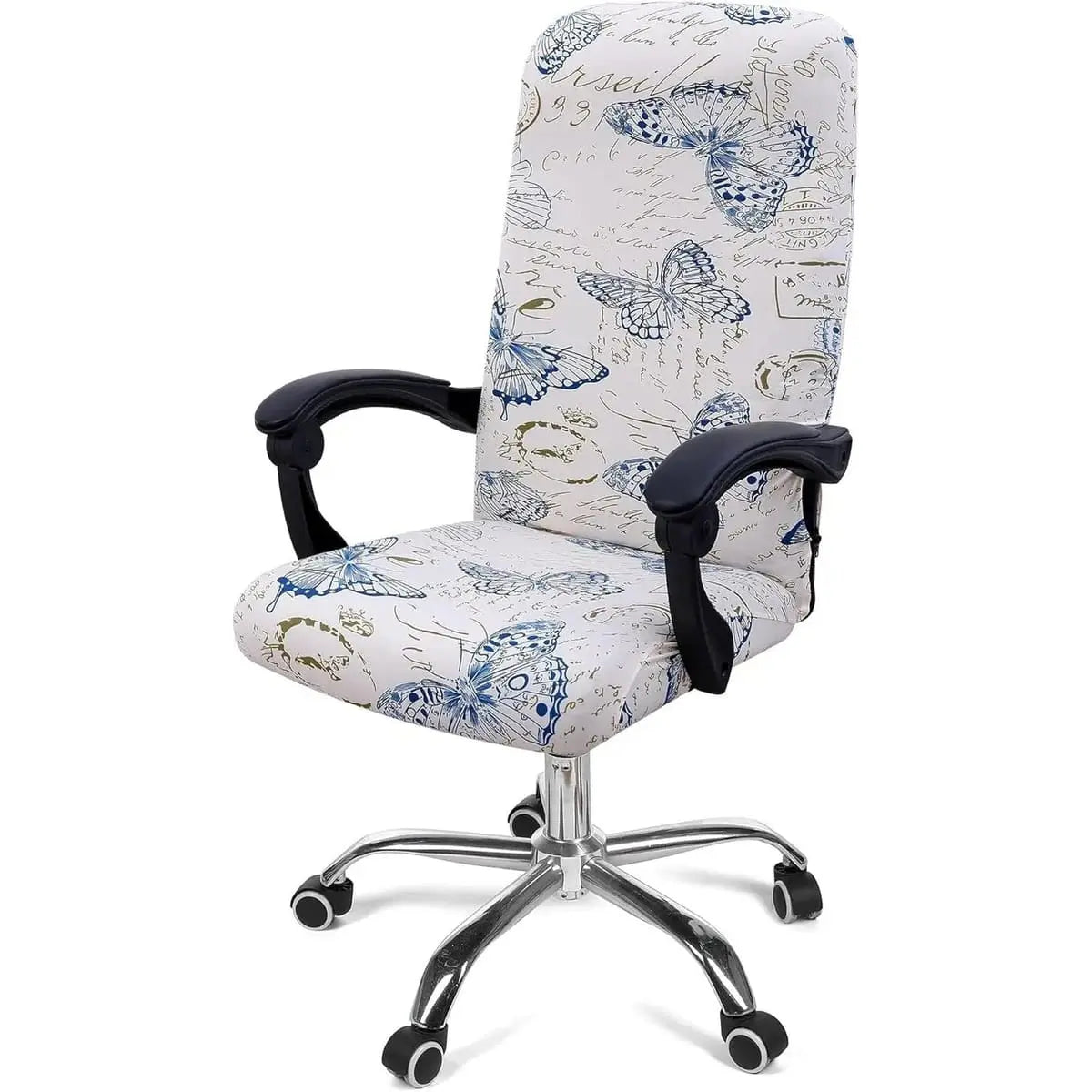 Blue and green Smiry stretch office chair cover, removable and washable, fits most home office chairs comfortably.
