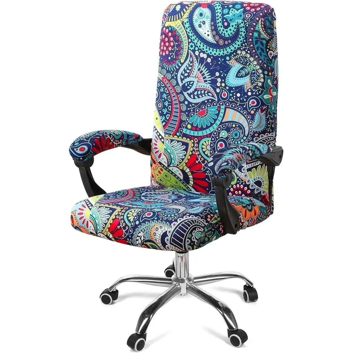 Blue and green Smiry stretch office chair cover, removable and washable, fits most home office chairs.