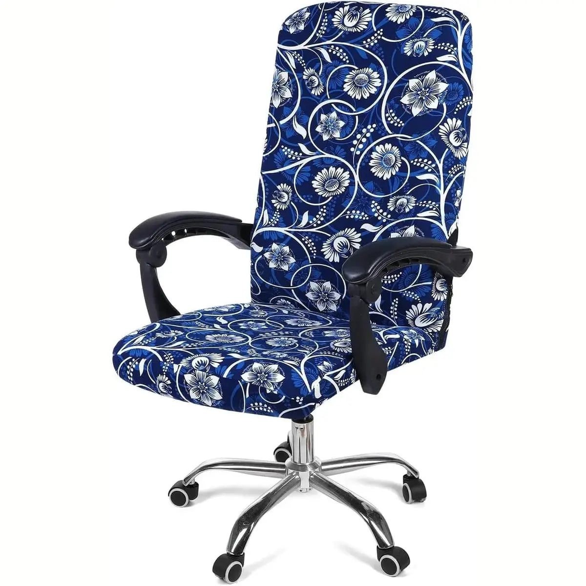 Blue and green Smiry stretch office chair cover, removable and washable, fits most chairs for home office use.