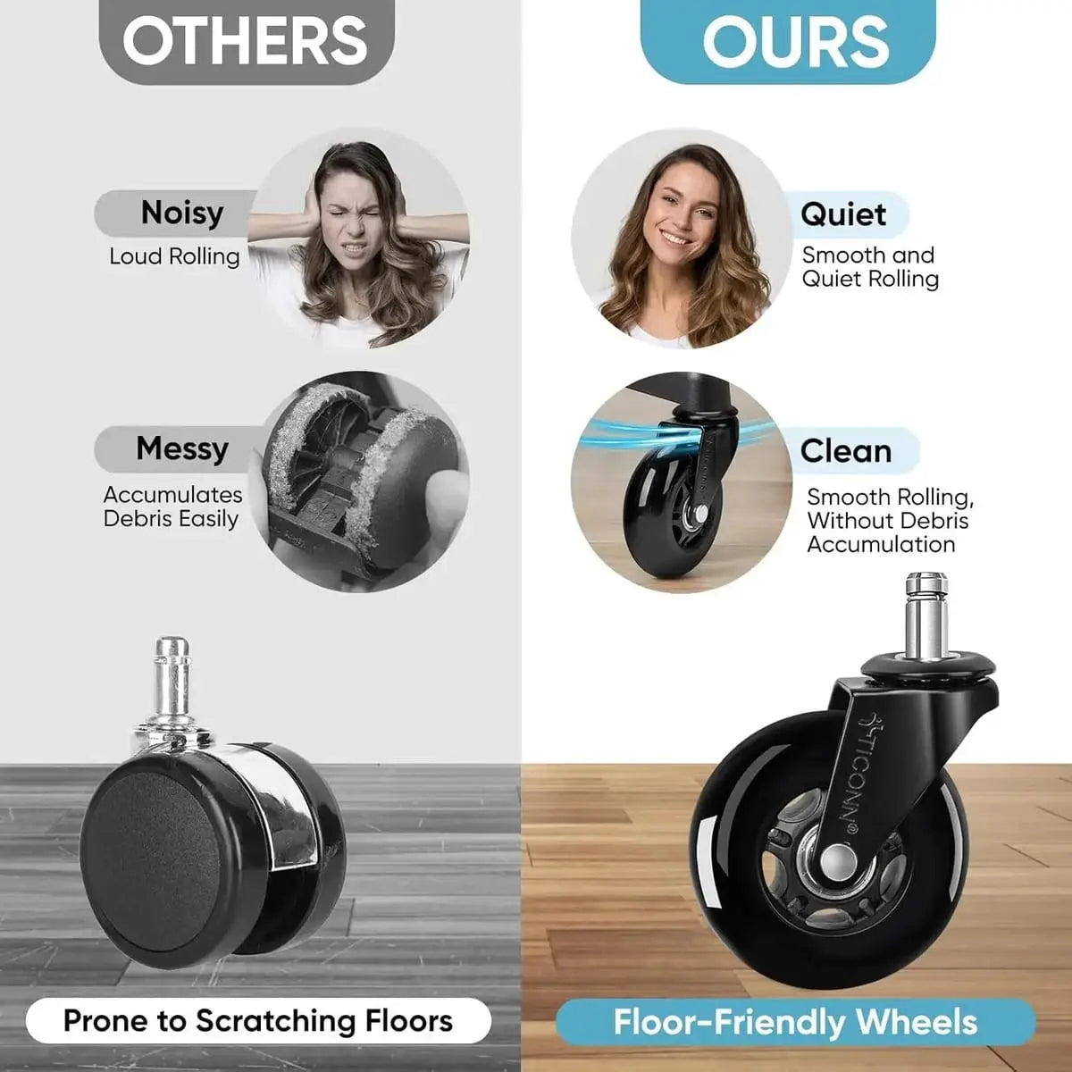 Heavy-Duty Office Chair Wheels Universal Fit Smooth Glide Hardwood TICONN